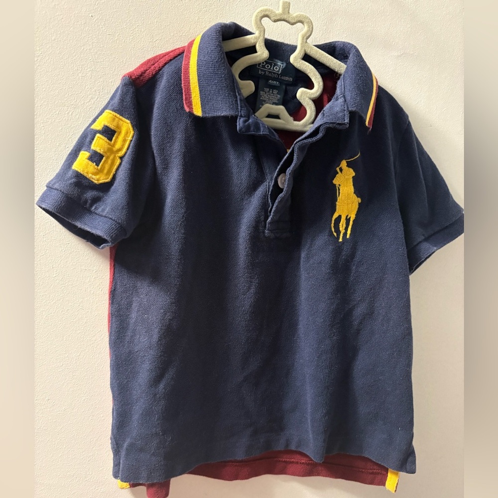 Vintage Ralph Lauren Kids Polo - Big Pony - Navy Burgundy Yellow Colourblock